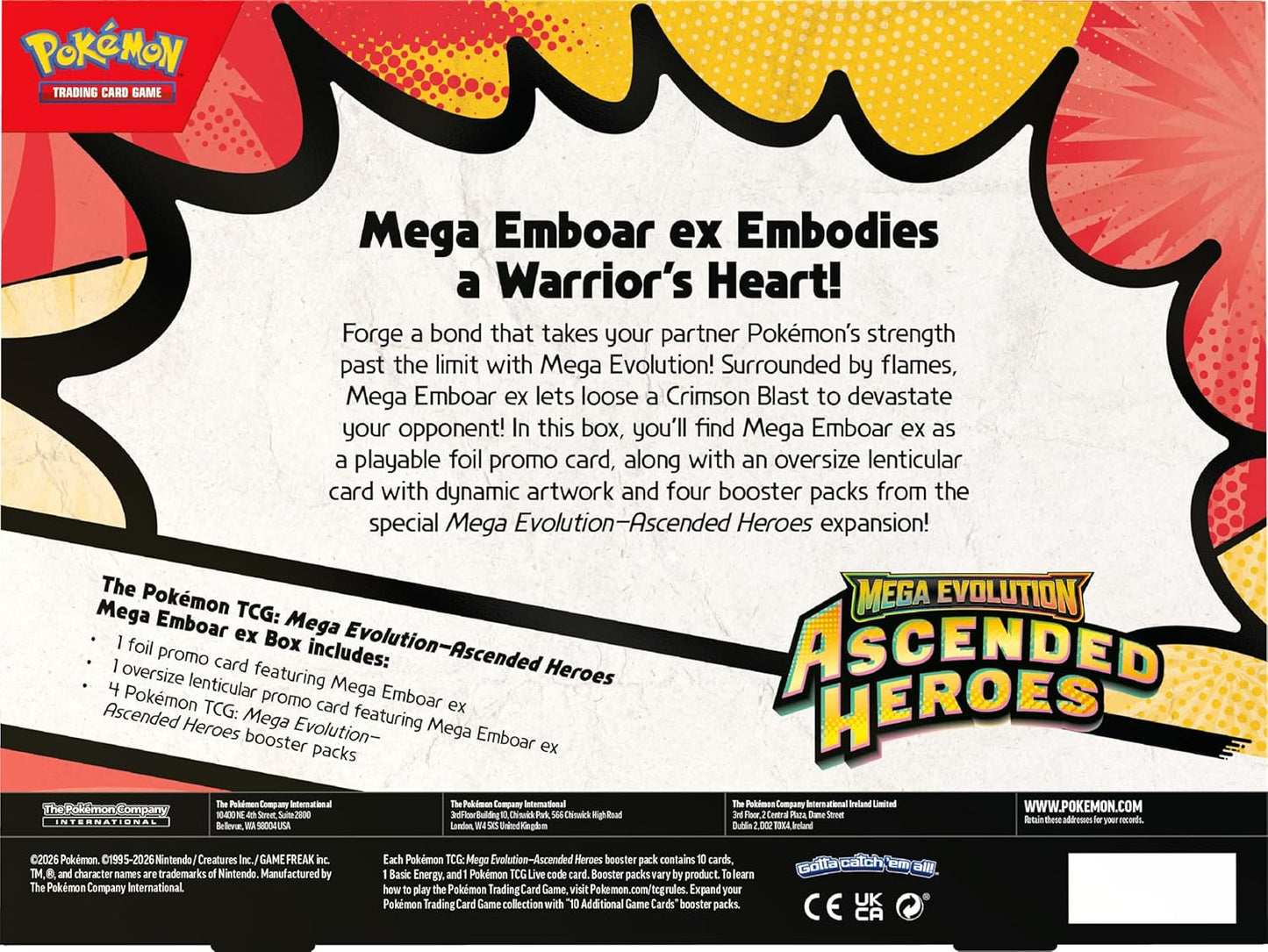 Pokémon TCG: Mega Evolution—Ascended Heroes Mega Emboar ex Box (1 Foil Promo Card, 1 Oversize Lenticular Card & 4 Booster Packs)