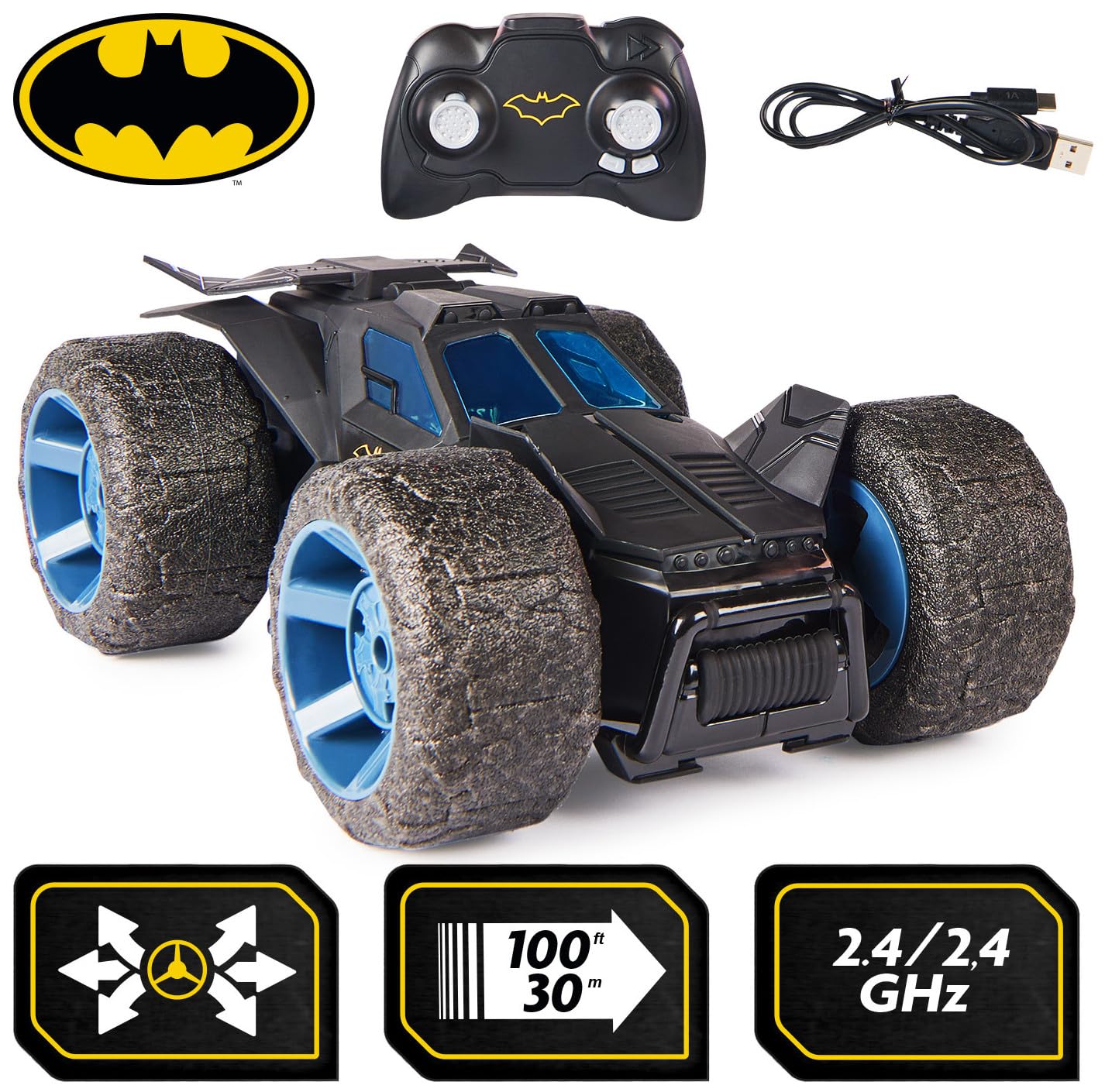 DC Comics, Batman Stunt Force Batmobile, Indoor Remote Control Car, Turbo Boost & Crazy Stunts, Collectible Super Hero Kids Toys for Boys and Girls 4 and Up