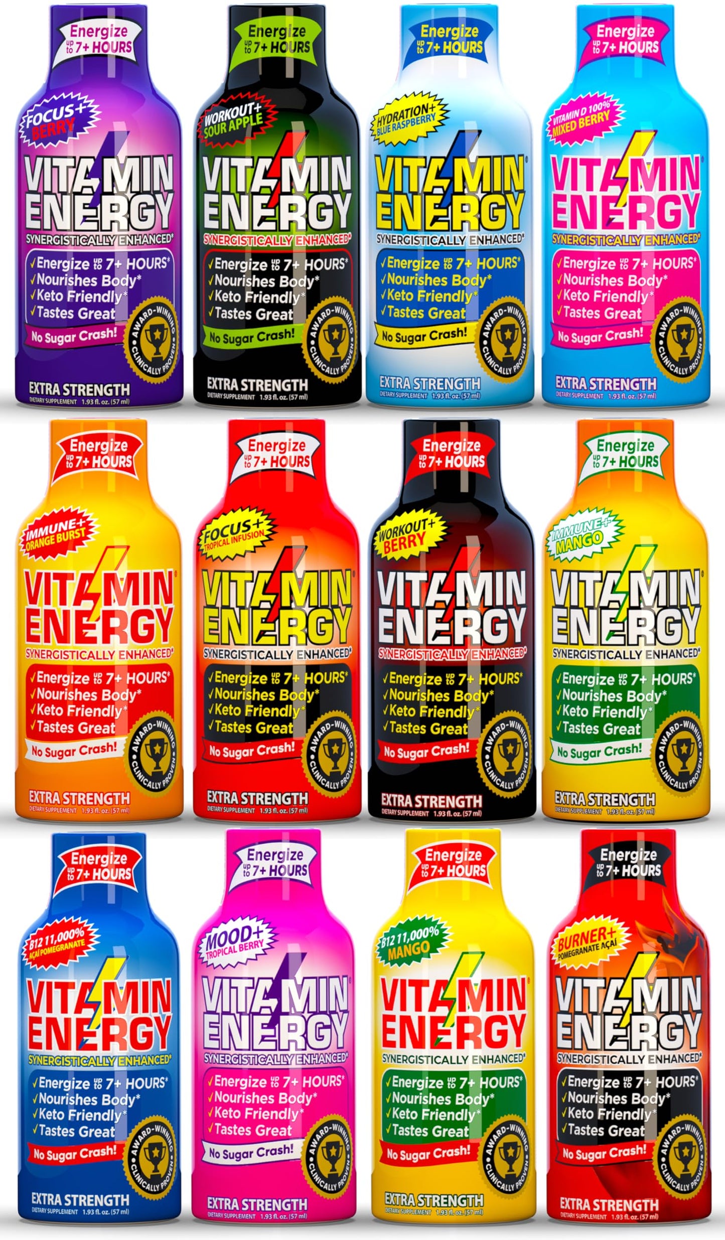 Vitamin Energy Variety Energy Drink Shots, Mood+, Focus+, Extra Strength, b12+, Up to 7+ Hours of Energy, 1.93 Fl Oz, 12 Pack