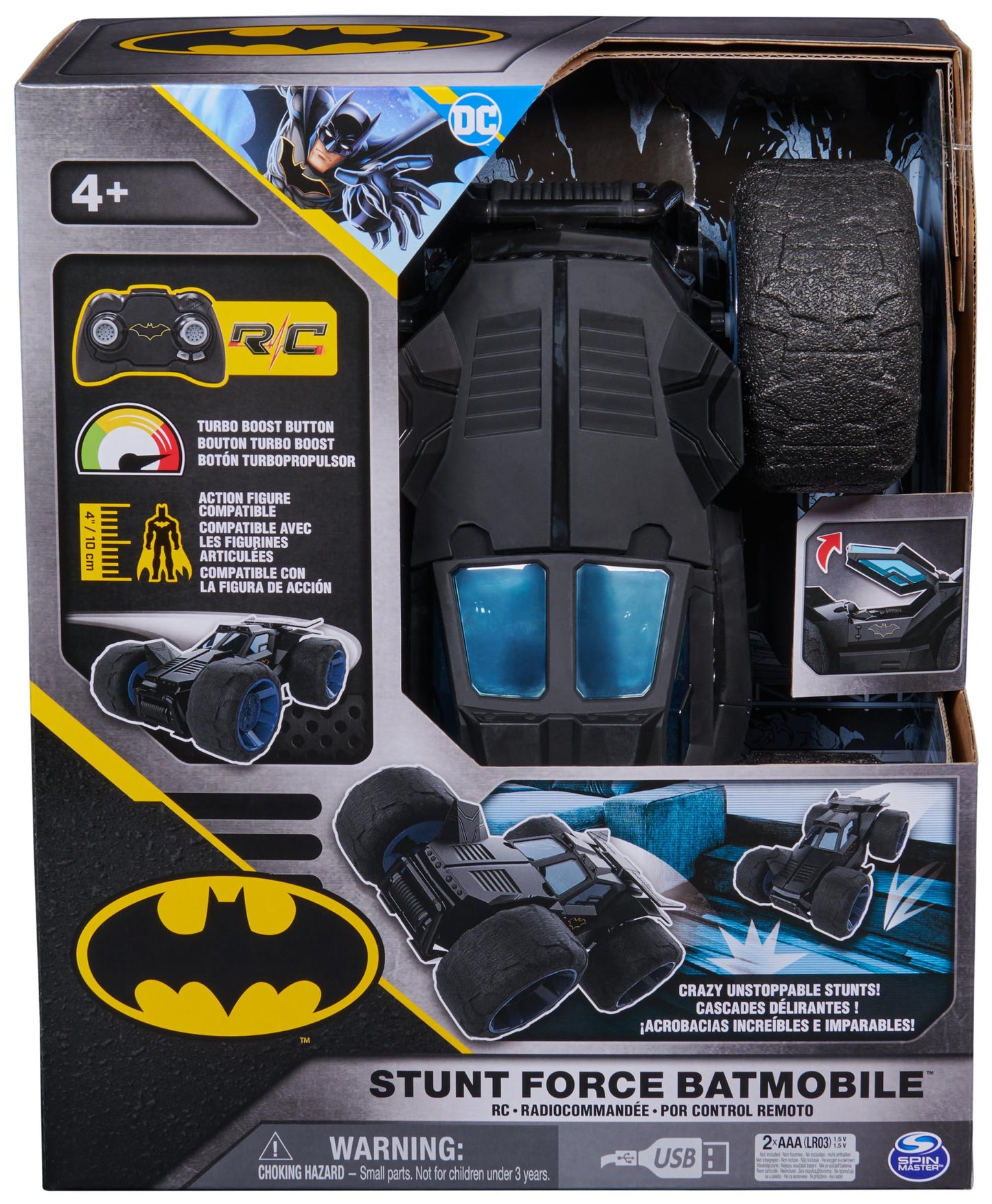 DC Comics, Batman Stunt Force Batmobile, Indoor Remote Control Car, Turbo Boost & Crazy Stunts, Collectible Super Hero Kids Toys for Boys and Girls 4 and Up