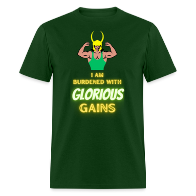 'I am Burdened with Glorious Gains' Loki Tee - Flexing through Realms! - forest green