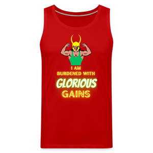 'I am Burdened with Glorious Gains' Loki Premium Tank - Flexing through Realms! - red
