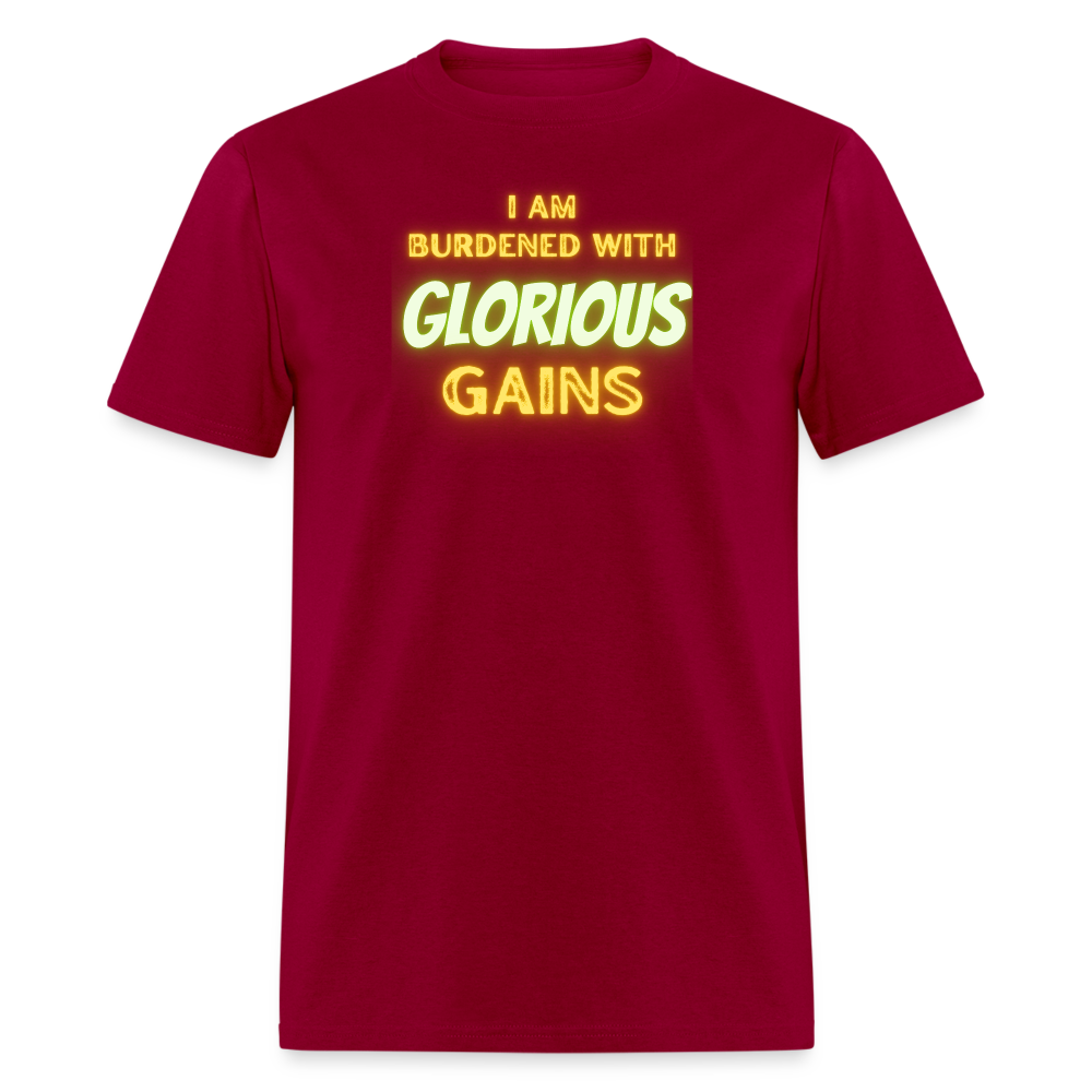'I am Burdened with Glorious Gains' Loki Tee - Flexing through Realms! - dark red