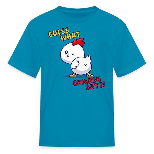 Cluckin' Surprise: The 'Guess What' Chicken Butt Tee Kids' T-Shirt - turquoise