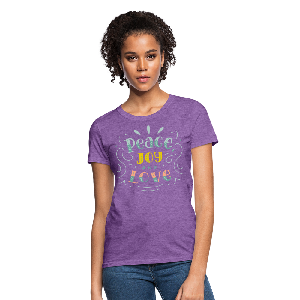 Peace Joy & Love Women's Graphic Tee - Soft, Comfortable & Trendy - purple heather