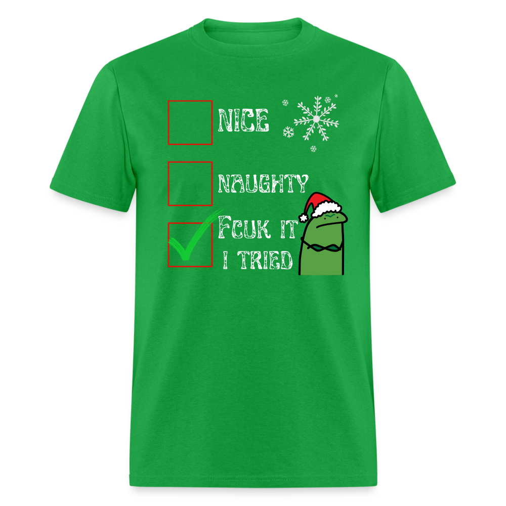 Funny 'Naughty, I Swear I Tried' Christmas T-Shirt – Unisex Holiday Humor - bright green
