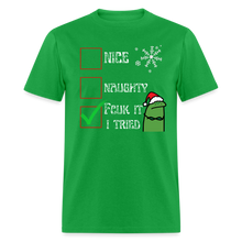 Funny 'Naughty, I Swear I Tried' Christmas T-Shirt – Unisex Holiday Humor - bright green