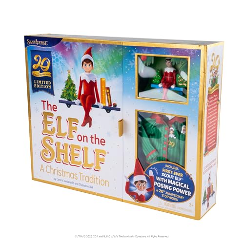 The Elf on the Shelf: A Christmas Tradition Limited 20th Anniversary Edition Box Set - Posable Boy Scout Elf with Blue Eyes, New Edition Storybook and Keepsake with Collectible Pajama Set and Ornament
