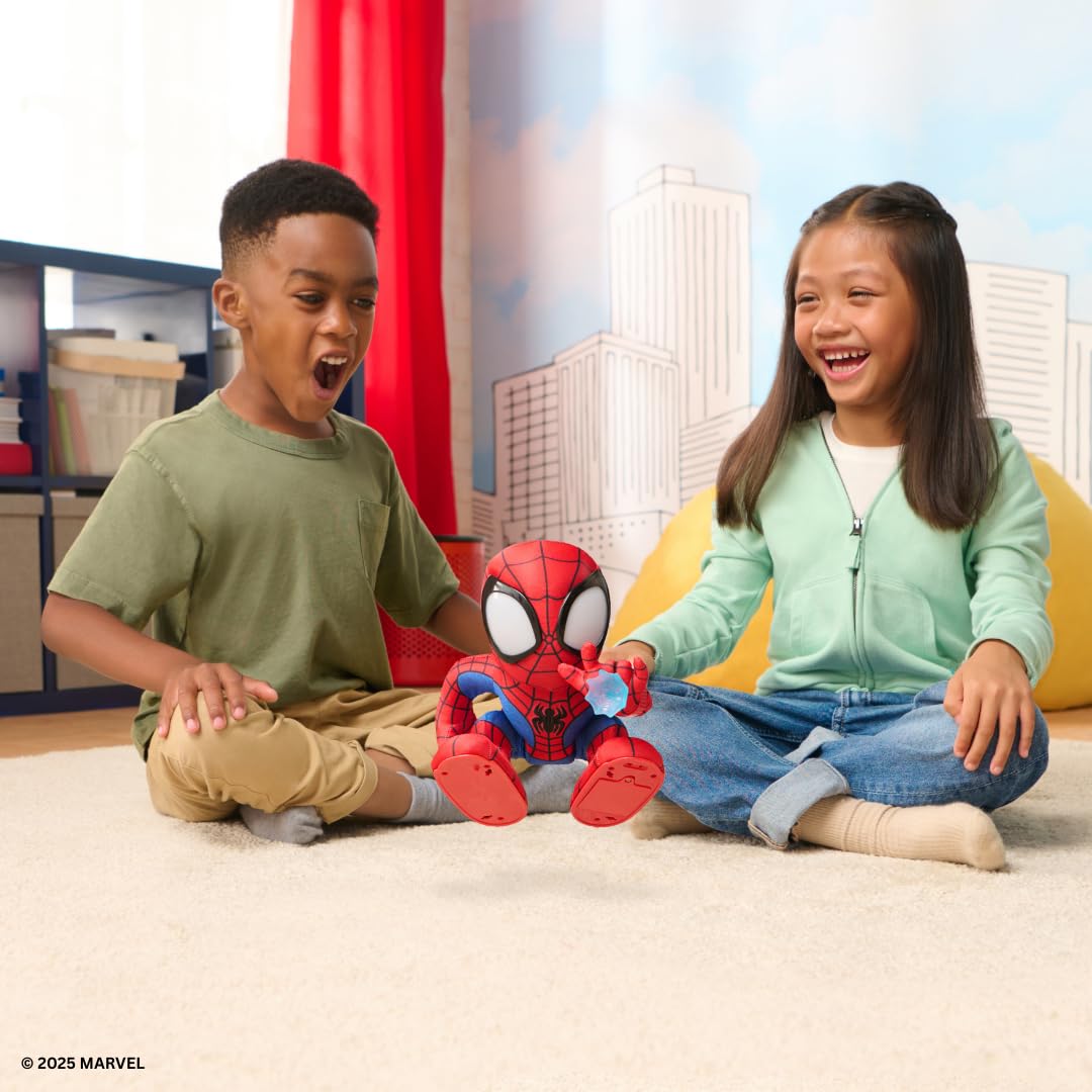 Marvel Spidey and His Amazing Friends Amazing Flip Spidey - 12-Inch Animatronic Plush with Lights, Sounds, and Web Dart Launcher
