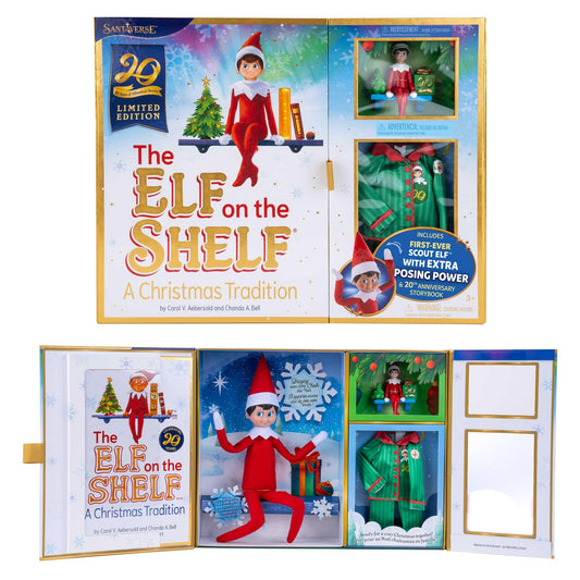 The Elf on the Shelf: A Christmas Tradition Limited 20th Anniversary Edition Box Set - Posable Boy Scout Elf with Blue Eyes, New Edition Storybook and Keepsake with Collectible Pajama Set and Ornament