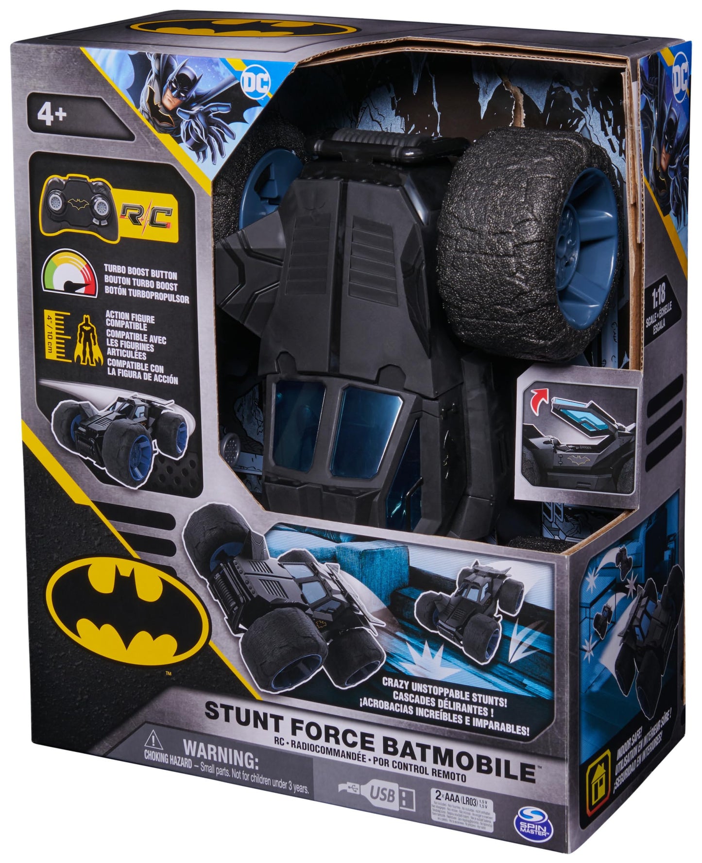 DC Comics, Batman Stunt Force Batmobile, Indoor Remote Control Car, Turbo Boost & Crazy Stunts, Collectible Super Hero Kids Toys for Boys and Girls 4 and Up