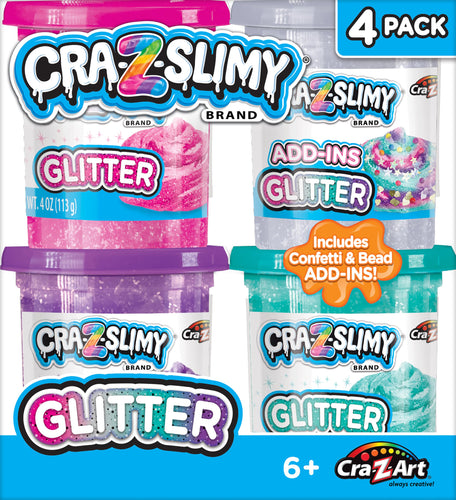 Cra-Z-Slimy 4 Pack Glitter Slime Set – Comes with 3 Colors of Pre-Made Glitter Slime and Glitter Add-Ins