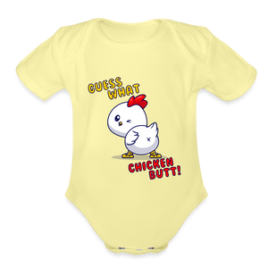 Cluckin' Surprise: The 'Guess What' Chicken Butt Organic Short Sleeve Baby Bodysuit - washed yellow