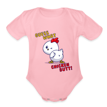 Cluckin' Surprise: The 'Guess What' Chicken Butt Organic Short Sleeve Baby Bodysuit - light pink