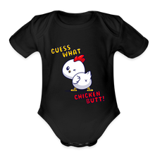 Cluckin' Surprise: The 'Guess What' Chicken Butt Organic Short Sleeve Baby Bodysuit - black