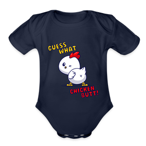 Cluckin' Surprise: The 'Guess What' Chicken Butt Organic Short Sleeve Baby Bodysuit - dark navy