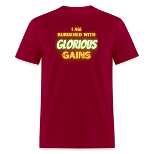 'I am Burdened with Glorious Gains' Loki Tee - Flexing through Realms! - dark red
