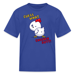 Cluckin' Surprise: The 'Guess What' Chicken Butt Tee Kids' T-Shirt - royal blue