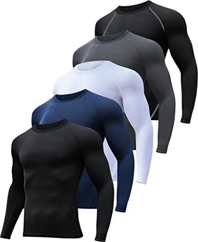 5-Pack Men's Compression Shirts - Long Sleeve Athletic Cold Weather Base layer for Sports - Black, White, Blue, Gray