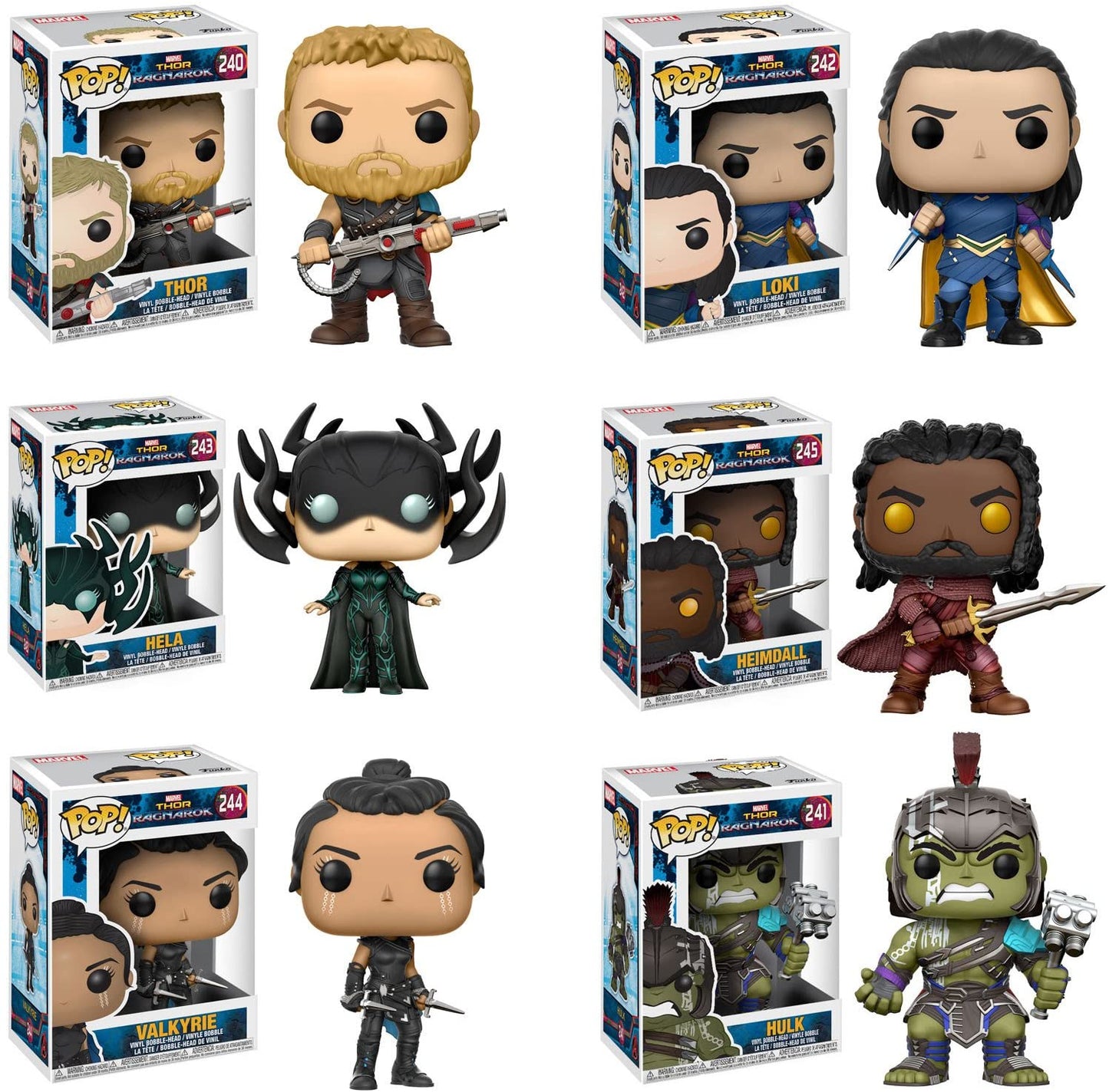 Funko Pop Thor Ragnarok Thor Gladiator Suit #240, Loki Sakaarian #242, Hela Masked #243, Heimdall #245, Valkyrie Scavenger Suit #244, Hulk Helmeted Gladiator #241 Vinyl Figures SET
